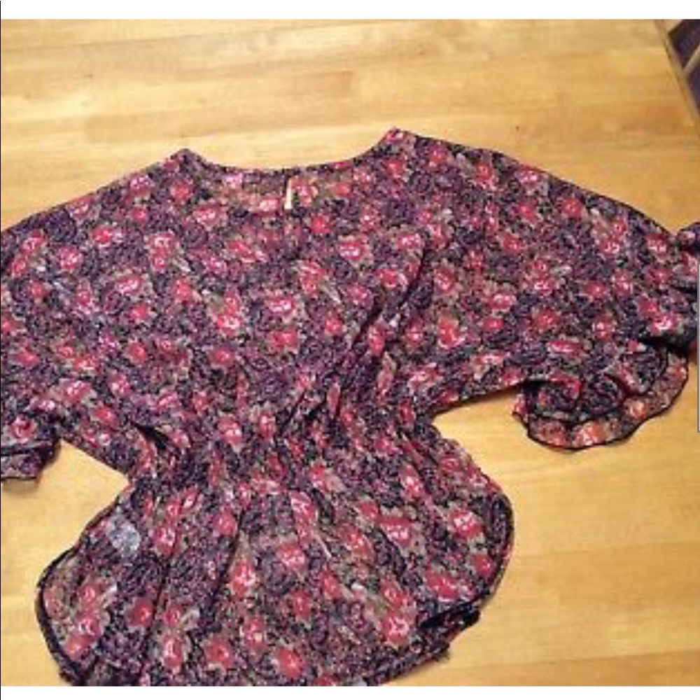 YA LOS ANGELES Black Red Floral Sheer Ruffle TOP M - Picture 11 of 11
